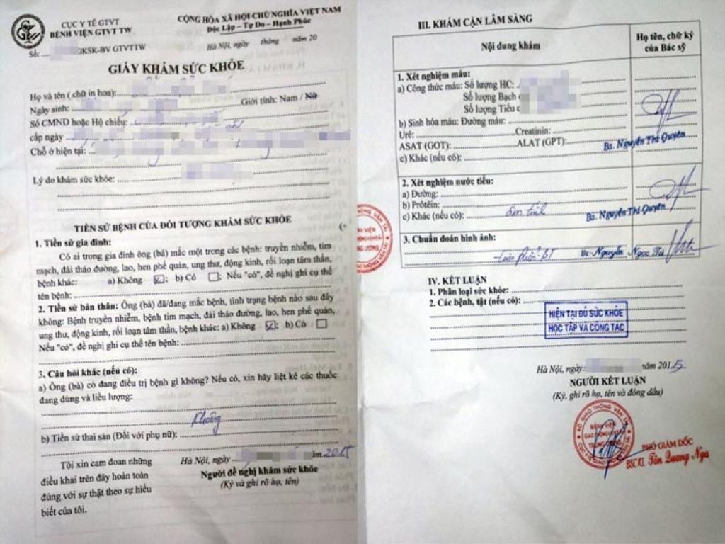 Giấy khám sức khoẻ có test ma tuý