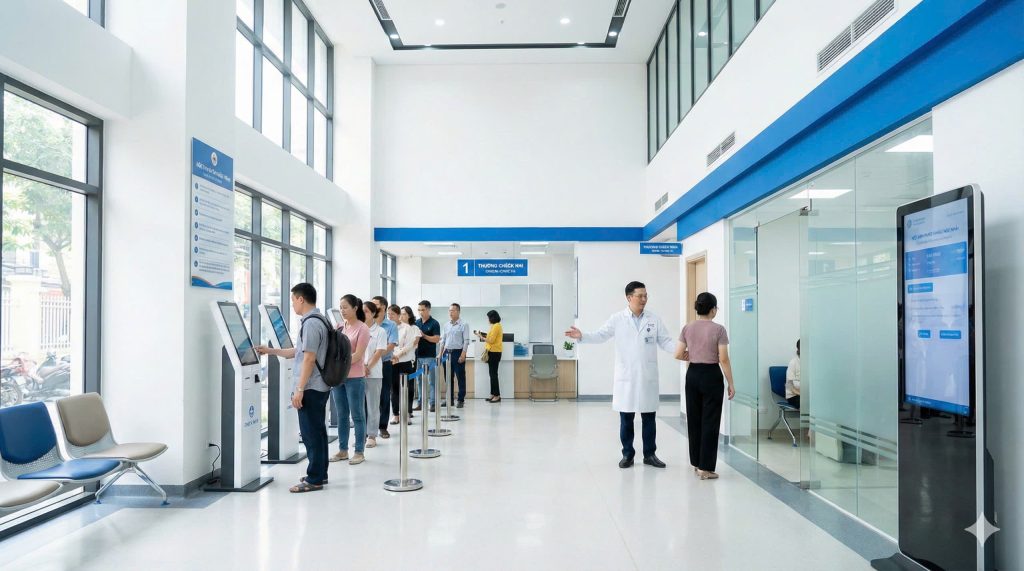 Mọi người xếp hàng để đăng ký giấy khám sức khỏe bệnh viện Hòe Nhai 2026