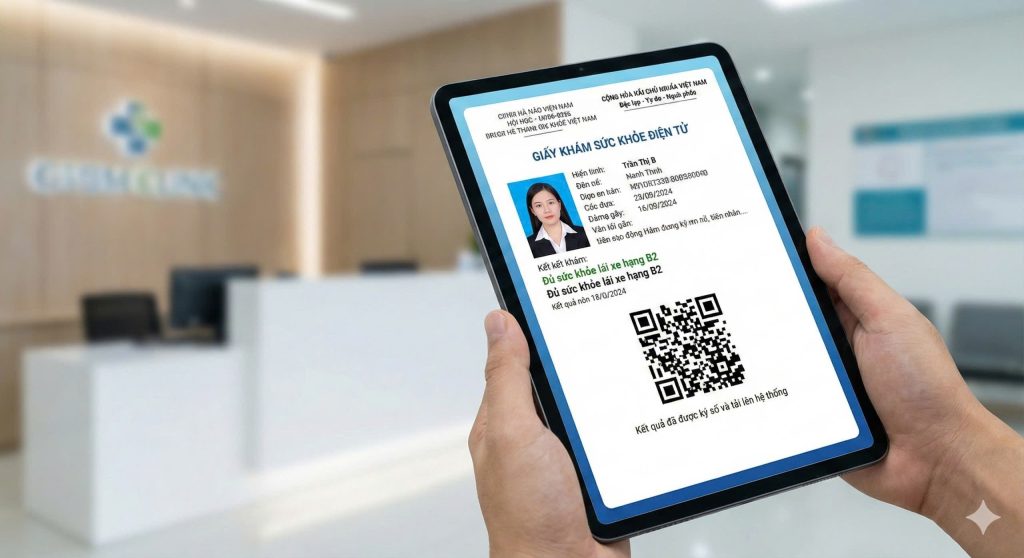 Giấy khám sức khỏe sức khỏe điện tử 2026 chuẩn bộ y tế được hiển thị trên máy tính bảng