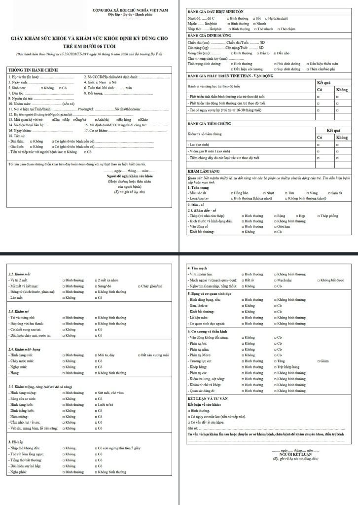 mẫu giấy khám sức khỏe thông tư 25 dưới 6 tuổi