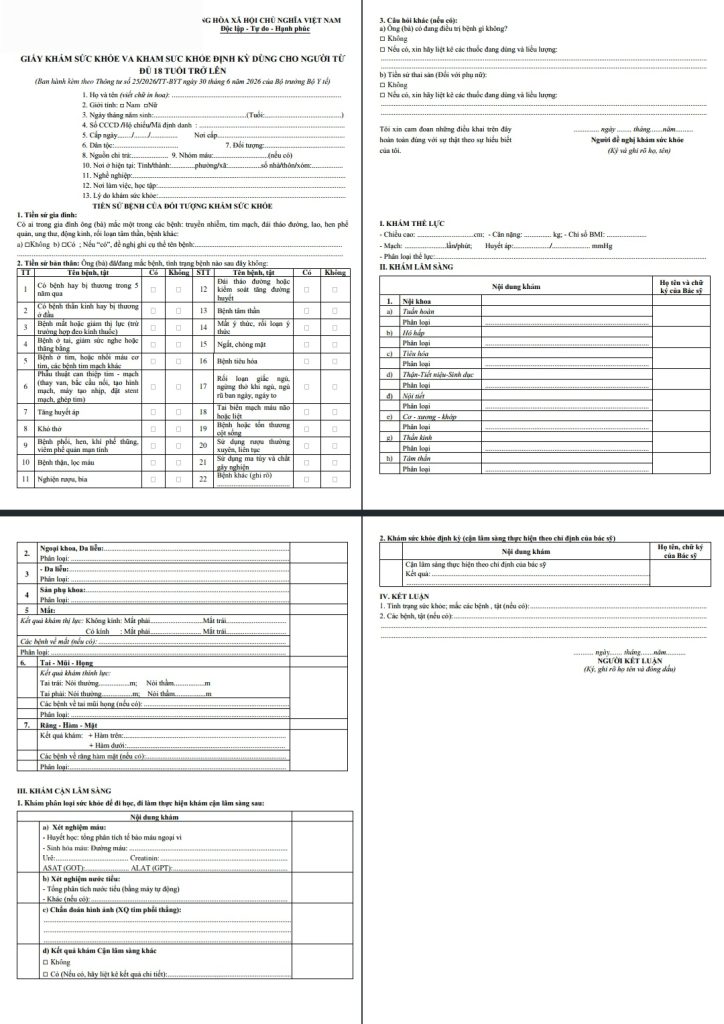 mẫu giấy khám sức khỏe thông tư 25 trên 18 tuổi